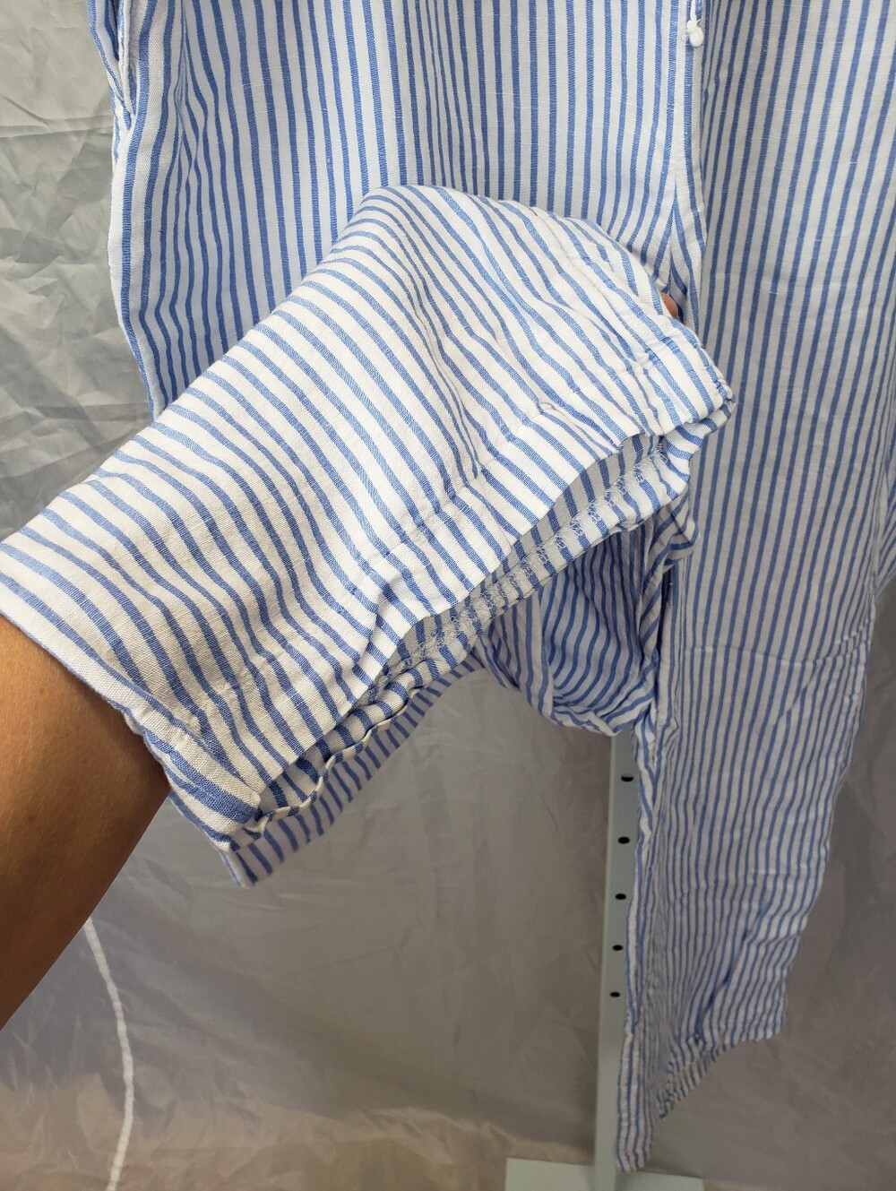 H&M Blue White Vertical Striped Linen Blend Drawstring Wide Leg Pants Size XL - Picture 3 of 7